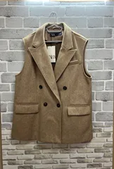 【H3-97】◇ ZARA　 USA  Lサイズ　ダブルプレストベスト　ノースリーブジャケット　ベージュ