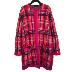 美品 DRAWER ドゥロワー チェック柄 モヘアニット ノーカラーコート ロングカーディガン F ピンク レディース 古着 中古 USED