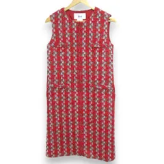 美品 24AW Rene ルネ TISSUE社生地 イギリス製 ウールブレンド ツイード ジップアップ ノースリーブ ひざ丈ワンピース 36 レッド系 レディース 古着 中古 USED