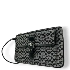 【未使用級】コーチ COACH ミニシグネチャー コインケース 小銭入れ リストレット ポーチ 小物入れ キャンバス レザー ブラック 黒 グレー シルバー金具 ベルトデザイン コンパクト 軽量 レディース 鞄 カバン 美品 s10