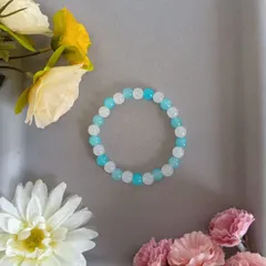 ハンドメイドビーズブレスレット／ライトブルー×ホワイト／13cm／キッズ・レディース