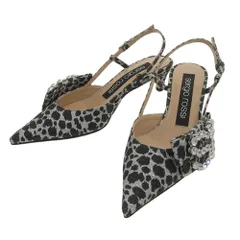 未使用 Sergio Rossi セルジオロッシ SR ビジュー装飾 アニマル柄 スリングバック パンプス 34 1/2 約21.5cm シルバーカラー ブラック レディース 古着 中古 USED