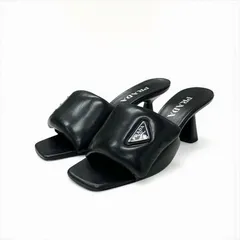 プラダ PRADA サンダル 靴 シューズ レザー ブラック 黒 シルバー ミュール トライアングルロゴ パデッドナッパ