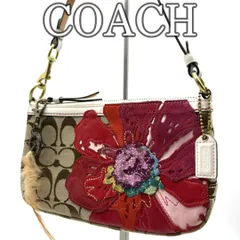 【超レア】コーチ COACH アクセサリーポーチ ミニショルダーバッグ シグネチャー キャンバス フラワー 花モチーフ レザー ワンハンドル コンパクト ハンドバッグ Y2K アーカイブデザイン ブラウン ベージュ レディース