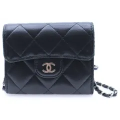 CHANEL (シャネル) マトラッセ 二つ折りチェーンウォレット ラムスキン ブラック シルバー金具