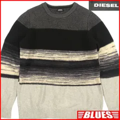 DIESEL ディーゼル セーター L ニット 古着 メンズ 黒 グレー ボーダー ウール クルーネック ニット_セーターサイズL一覧←SEULB屋着古← TY4348