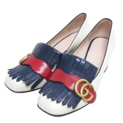 美品 GUCCI グッチ GGマーモント  フリンジ レザー パンプス  35 22.0cm相当 オフホワイト ネイビー レッド レディース 古着 中古 USED