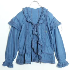 【レアデザイン！】ピンクハウス★はしごレース&サテンリボン♪フリルブラウス はおりもの くすみブルー系 薄手 無地 z17962