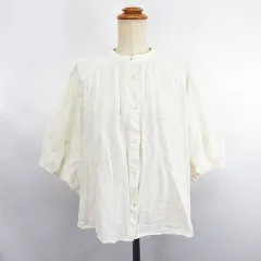 スタディオクリップ Studio Clip デザイン シャツ ブラウス 七分袖 バンドカラー コットン リネン F アイボリー ※EKM