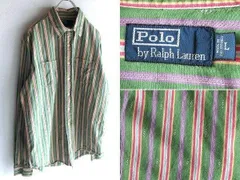 90sビンテージ Polo by Ralph Lauren ラルフローレン 猫目ボタン コットン ネイティブ柄 ストライプ柄 シャツ L 緑紫赤 USA企画