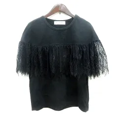 レイビームス Ray Beams カットソー クルーネック レース 五分袖 切替 黒 ブラック /MN