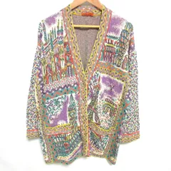 美品 MISSONI ミッソーニ ヨーロッパ柄 総柄 コットンニット カーディガン S パープル×イエロー レディース 古着 中古 USED