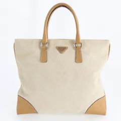 美品 プラダ トライアングルロゴ ベージュ レザー キャンバス トート バッグ 肩掛け ショルダー ハンド レディース EUM DN9-7【中古】