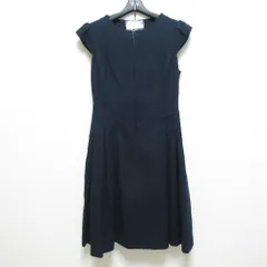 美品 Rene ルネ TISSUE イタリアCompore社製 フレンチスリーブ ひざ丈 ツイードワンピース サイズ36 ネイビー レディース 古着 中古 USED