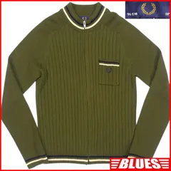 FRED PERRY フレッドペリー ニットジャケット M イタリア製 メリノウール カーキ セーター ニット カーキ 古着 メンズ ニット_セーターサイズM一覧←SEULB屋着古← Y4352