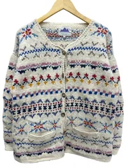 PURPLE MOUNTAIN 総柄 ハンドメイドニットカーディガン エクアドル製 ウール 90S 古着 ビンテージ S/M ホワイト系 レディース/028