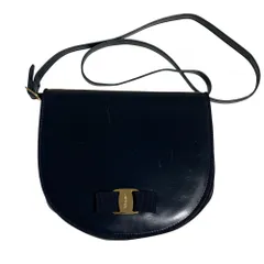 良品 Salvatore Ferragamo サルヴァトーレフェラガモ ヴァラリボン レザー ショルダーバッグ ネイビー レディース 古着 中古 USED