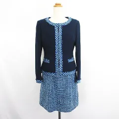 東京ソワール TOKYO SOIR セットアップ ワンピーススーツ ノーカラージャケット 長袖 ワンピース 半袖 ミニ丈 ドッキング 9 ネイビー ※EKM