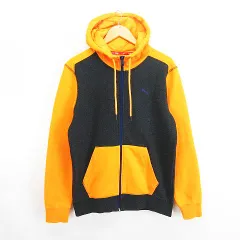 プーマ PUMA パーカー ジャケット 長袖 ジップアップ ロゴ バイカラー 裏起毛 Ｌ オレンジ×ブラック ※EKM