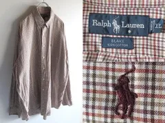 希少 90sビンテージ Ralph Lauren ラルフローレン BLAKE ポロポニーロゴ刺繍 コットン チェック BDシャツ XL ベージュ RN41381正規品