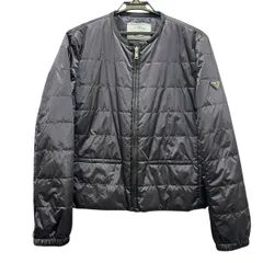 PRADA 極美品 プラダ トライアングルロゴ 中綿 キルティング ジャケット 290510 ポリアミド ネイビー 光沢 サイズ44 レディース ノーカラー 三角プレート ロゴプレート Aランク 中古 鑑定済 プラダジャケット