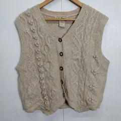 90s L.L.Bean エルエルビーン ケーブルニット カーディガン ベスト Vネック ウール リネン混 古着 vintage ベージュ系 LG B490