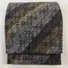 【美品】袋帯 秀品 金銀彩 斜縞 幾何学模様 墨色 六通 正絹 【中古】