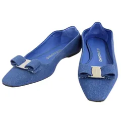 美品 Ferragamo フェラガモ ヴァラリボン フラットシューズ パンプス 6D 約23.5cm ブルー レディース 古着 中古 USED