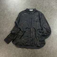 ZARA L/S Design Shirt ザラ 長袖 レーヨンシャツ ブラウス サテン デザイン ビーズ 刺繍 花柄 ブラック 黒 レディース L
