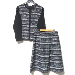 美品 HANAE MORI ハナエモリ スパンコール装飾 ツイード ノーカラージャケット+スカート セットアップ サイズ40 ブラック系 レディース 古着 中古 USED