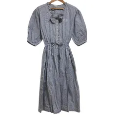 美品 PINK HOUSE ピンクハウス ピコフリル リボンデザイン ピンストライプ シャツワンピース ネイビー ホワイト レディース 古着 中古 USED