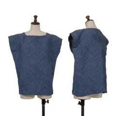 イッセイミヤケISSEY MIYAKE ポリロンバス切替ジャガードノースリーブ 青2