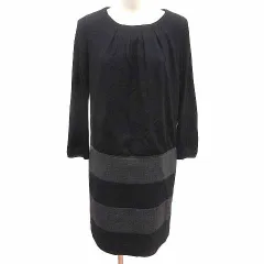 23区 オンワード樫山 ワンピース ひざ丈 ボーダー 長袖 ウール 38 M 黒 ブラック グレー /YK