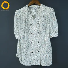 #s レリアン Leilian シャツ ブラウス 7 白系 マルチ 総柄 ダブルボタン 五分袖  日本製 レディース [957470] k01