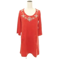 チェスティ Chesty ワンピース ひざ丈 長袖 ビジュー クルーネック 厚手 フリーサイズ 赤 レッド ■TC