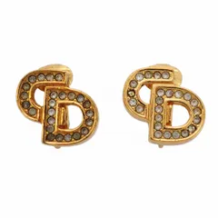 ★SALE【6jab0583-k】クリスチャンディオール イヤリング CDロゴ GPメッキ ラインストーン ゴールド【中古】レディース