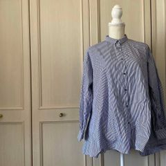 美品 45r 長袖シャツ 青ストライプ バンドカラー R刺繍 サイズ3 日本製 美品 45r 長袖シャツ 青ストライプ バンドカラー R刺繍 サイズ3 日本製