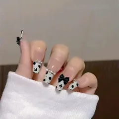 『大人気』 付け爪 つけ爪 立体 かわいい おしゃれ 人気 シンプル 花嫁 結婚式 付け爪 クリスタル パール 蝶 花 XUZOOネイルチップ 立体 3Dネイルチップ 短め 長め 手用 ネイルシール つけ爪 ネイルツール 両面テープ付き 24枚 (乳牛色とリボ