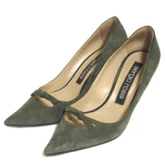 美品 Sergio Rossi セルジオロッシ スエード ポインテッドトゥ ハイヒール リボン パンプス サイズ38.5 約25.5cm カーキ レディース 古着 中古 USED