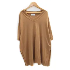 ヒューマンウーマン HUMAN WOMAN ニット カットソー 七分袖 Vネック 無地 スリット リネン混 M ブラウン 茶色 /MS30