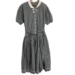 美品 PINK HOUSE ピンクハウス ギンガムチェック ラウンドカラー 白襟 半袖 ロング シャツワンピース ブラック レディース 古着 中古 USED