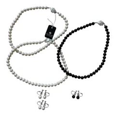  Rose Yumi Rose ユミカツラ パールネックレス3本＋イヤリング3点 6点セット まとめ売り ブラック＆ホワイト 冠婚葬祭【RE360】