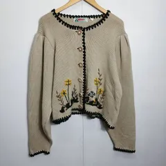 Alphorn チロリアン ニット カーディガン 長袖 クロップド 短丈 花 刺繍 ウール レトロ 90s 古着 vintage ベージュ系 46 B498