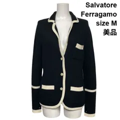 ●◇ 美品 サルヴァトーレフェラガモ Ferragamo ニットジャケット カーディガン 長袖 装飾ボタン 黒 白 ウール M 9号 レディース S6B328
