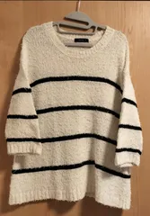 コムサイズム　Mサイズ　白黒　ボーダー　綿ニット　コットン　七分袖ニットソー　カジュアル