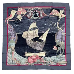 美品 HERMES エルメス スカーフ シルク カレ90 Christophe Colomb découvre l'Amérique 12 Octobre 1492 クリストファー・コロンブス ネイビー