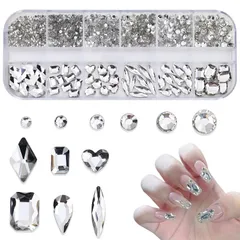 ネイルパーツ【約1130個入り】 ラインストーン ガラスストーン DIYネイル デート 女性 飾り フェスティバル 立体 水滴形 ひし形 ハート キラキラ 大容量セット 箱入り (白)