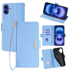 iPhone16/iPhone16e/iPhone16Plus/iPhone16Pro/iPhone16ProMax 手帳型スマホケース レディース｜高見え金属プレート付き｜腕ストラップ付き｜多機種対応 【ブルー WJT】