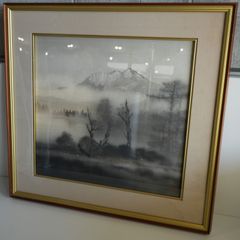 日本画 雪山風景画 金地 額装 落款あり 共シールあり 山水画 和風絵画 小品 日本画 雪山風景画 金地 額装 落款あり 共シールあり 山水画 和風絵画