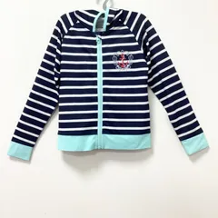 古着　美品　Aller Bien sports　アレルビアン スポーツ　ラッシュガード　UVカット　ボーダー　長袖パーカー　キッズ　130サイズ　混紡　ネイビー　紺　ライトブルー　水色　水着　フード　マリン